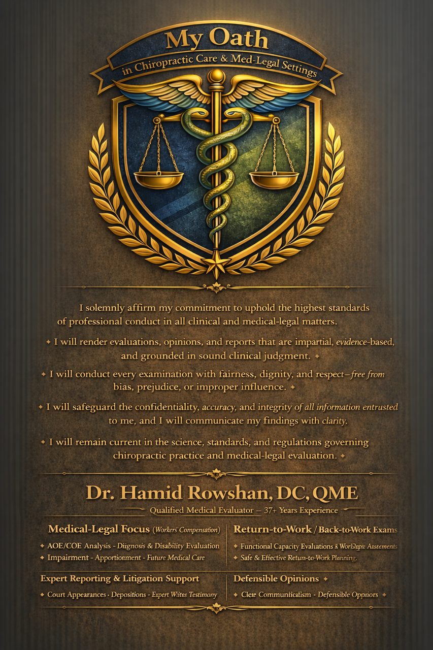 Dr. Hamid Rowshan DC, QME — California Qualified Medical Evaluator oath and professional biography